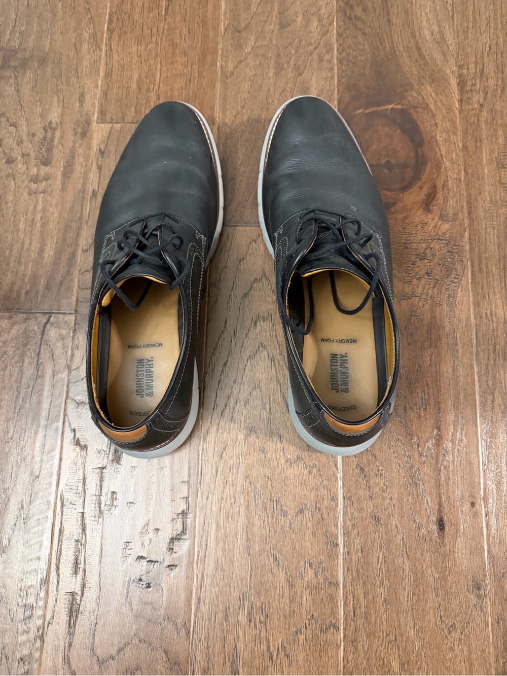 Johnston & Murphy Black Leather Lace-Up Oxfords with Tan Accents
